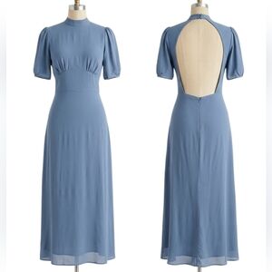 Reformation Dusk Dress Morning Glory Blue Backless Puff Sleeve Midi Wedding Sz 2